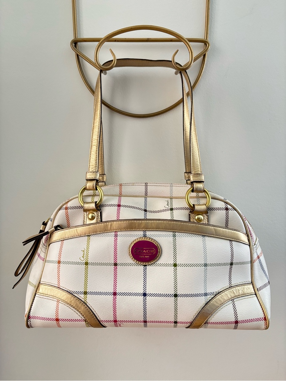 Coach Tattersall Glam Tote White Plaid Gold Shoulder Bag